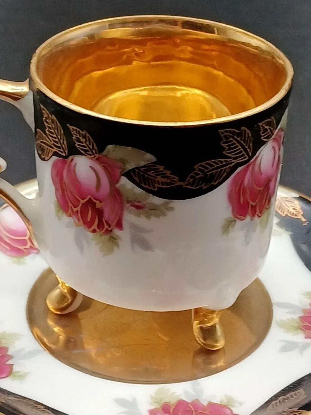 Vintage Lefton Footed Demitasse Cup Saucer #20515 Japan Gold Pink Roses Black